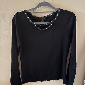 August Silk Black Ribbed Long Sleeve Top with Embellished Neckline